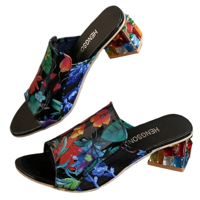 Fashion Elegant Woman Heeled Shoes 2025 Peep Toe Luxury Slippers Women Fashion Printing Dress Women's Sandals Plus Size Summer Footwear