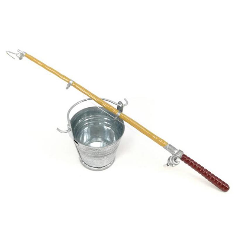 2Pcs/Set 1:12 Dollhouse Miniature Metal Fishing Rod Model + Water Bucket