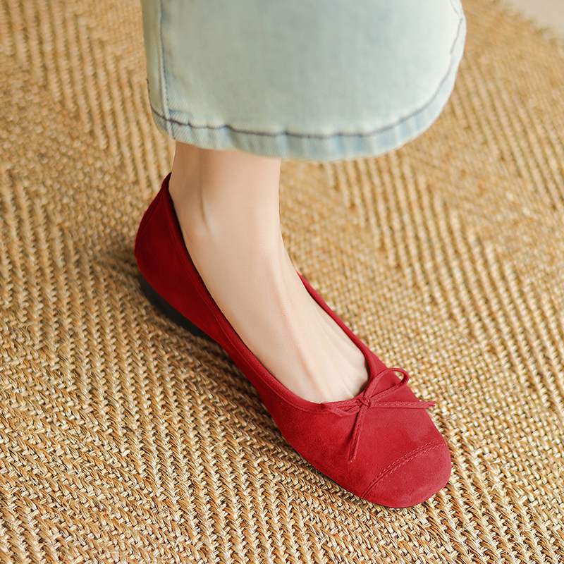 Krazing Pot Suede Fashion Spring Size 42 41 Low Heels Women Round Toe Shoes Ballet Dance Butterfly-knot Shallow Pumps