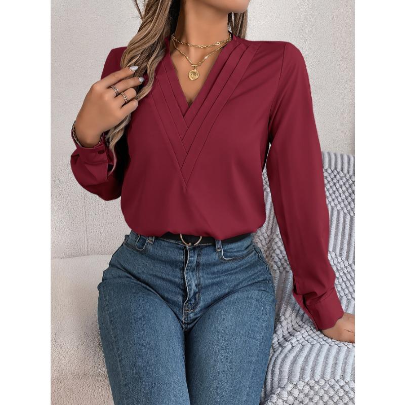 Elegant Fashion Layered V-neck Long Sleeved Women Shirt Solid Color Loose Casual Simple Office Blouse Ladies Basic Spring Autumn Tops Women's Clothing