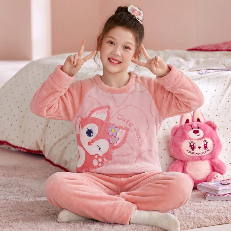 Girls Flannel Pajama Set Cartoon Warm Homewear Kids Winter