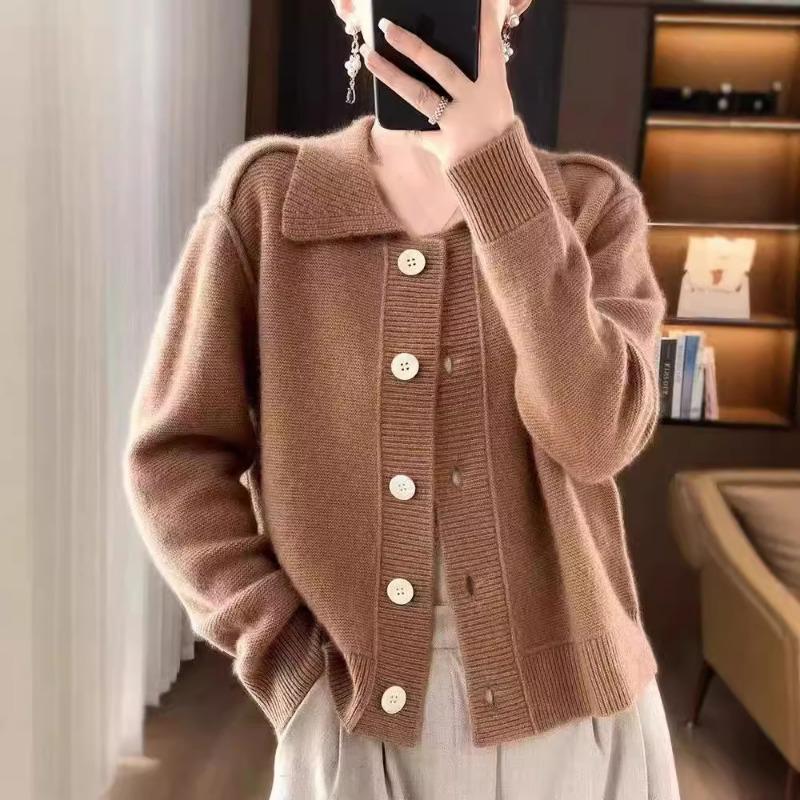 Polo Neck Knitted Cardigan Jacket Sweater Women's Autumn and Winter Lapel Thickened Outer Knitted Sweater Top Tide
