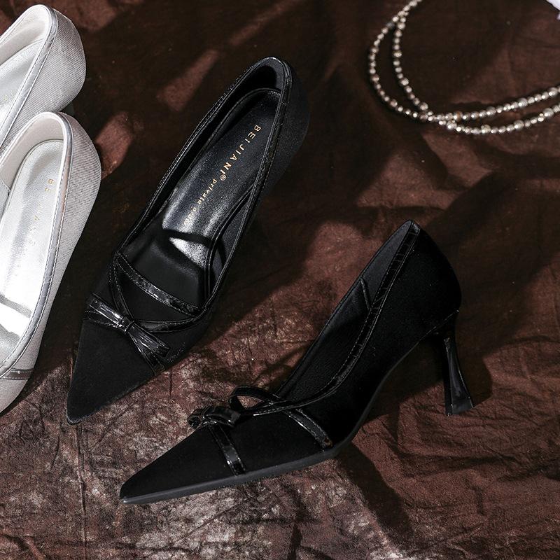 

Темпераментные бархатные туфли-лодочки с мелким вырезом, женские, с острым носком, на тонком каблуке, на высоком каблуке, из овчины, в китайском стиле, весна и осень 34 чёрный