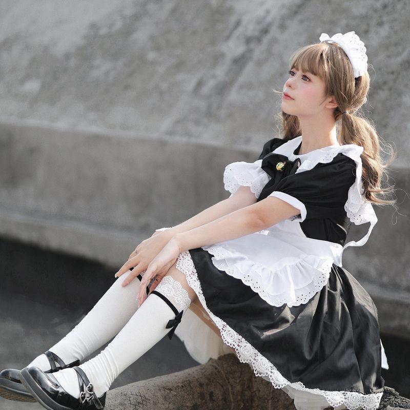 Japanese-Style Cute Lolita Bunny Girl Cosplay Black and White Maid Outfit Lolita Dress