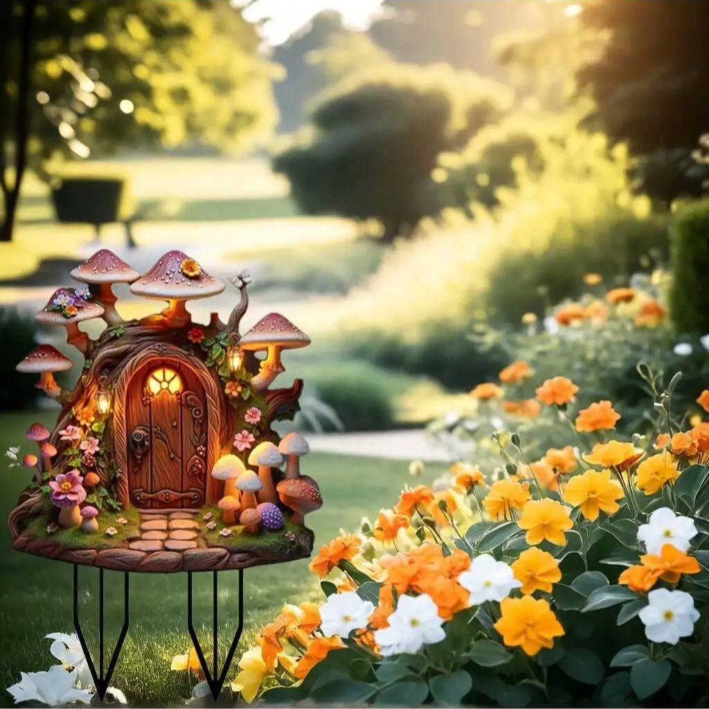 1pcs Crystal Dreamy Mushroom House Sculpture Decoration, Suitable for Outdoor Lawn and Indoor Attic Decoration,