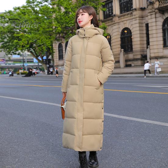 Women Cotton Coat Hooded Long Sleeve Pockets Side Slit Hem Down Jacket Solid Color Pockets Thickened Casual Outwear