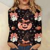Women's Long-sleeved Loose-necked Halloween Print Casual Top, Suitable for Holiday Parties