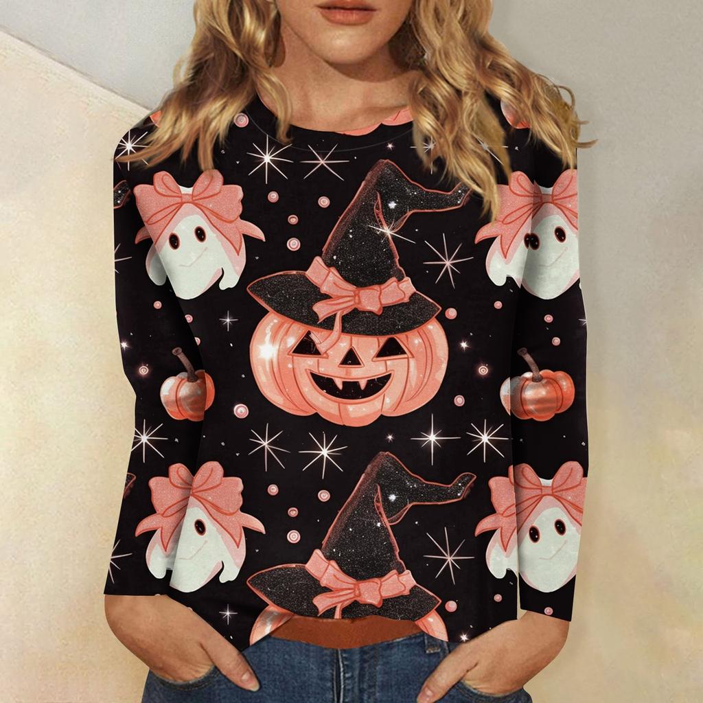 Women's Long-sleeved Loose-necked Halloween Print Casual Top, Suitable for Holiday Parties