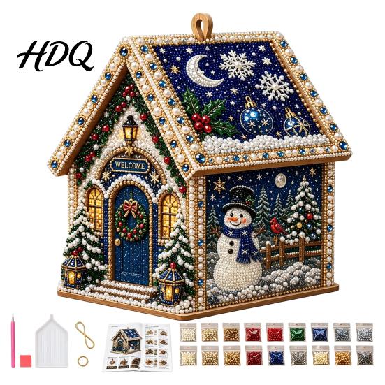 DIY Weihnachtsornament-Set 3D-Haus Kunst-Set mit Kunstperlen Handgemaltes Strassstein-Malerei Hüttenmontage für Erwachsene Tisch-Weihnachtsbaum Aufhängbar Perlenbesetzt