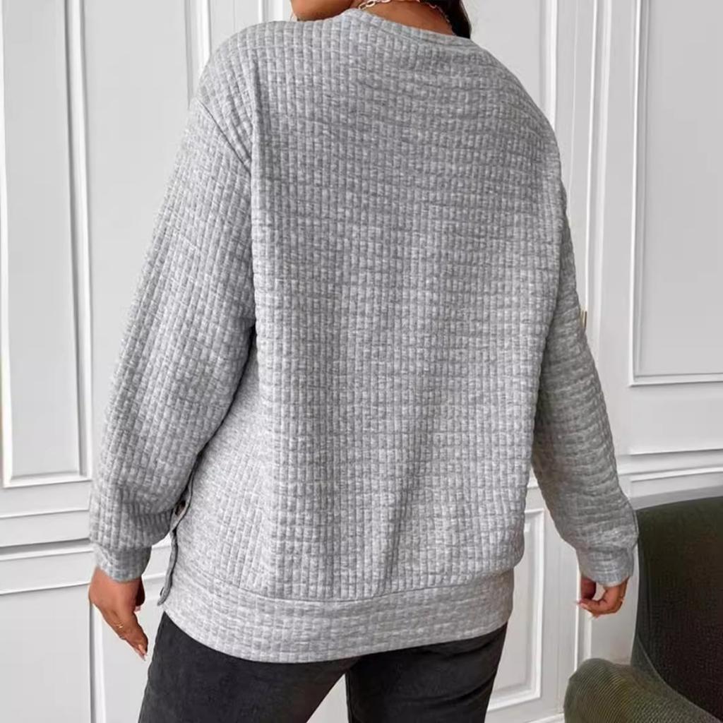 Fall Winter Women's Solid Color Loose Button Crew Neck Patchwork Long Sleeve Sweatshirt