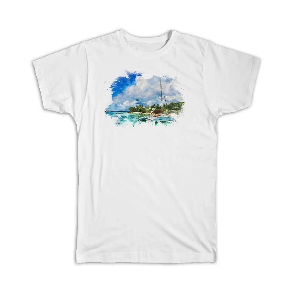 Gift T-Shirt : Watercolor Scenary Catamaran Frame XL