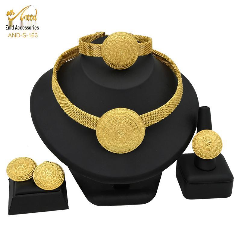 24K Dubai Gold Bridal Jewelry Set: Necklace, Bracelet, Earrings, Ring for African Women