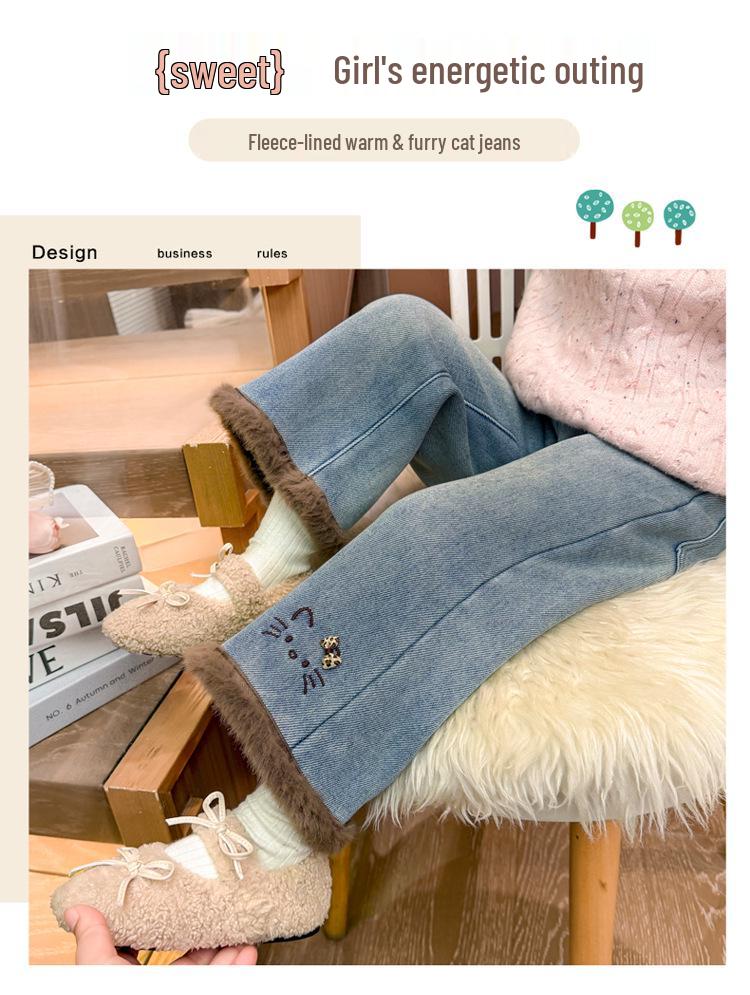Flickors fleecefodrade kattbyxor: Vinter 2025 Raka Jeans