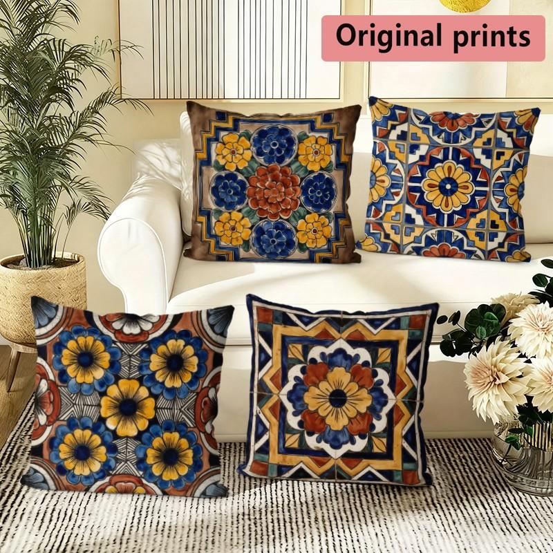 Bohemian Floral Tile Throw Pillow Covers Pattern Cushion Cover Suitable for Sofa Bedroom Car Pillow Cover