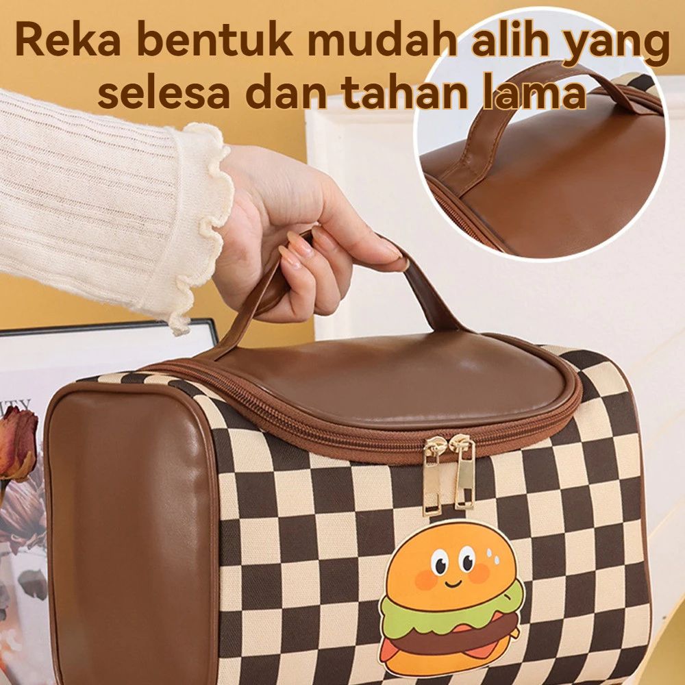 PU Leather Checkerboard Makeup Bag Hamburger Hamburger Travel Wash Bag  Outdoor