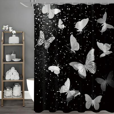 Butterfly Black White Shower Curtain, Bathroom Decorative Shower Curtain, Waterproof Shower Curtain with Hooks