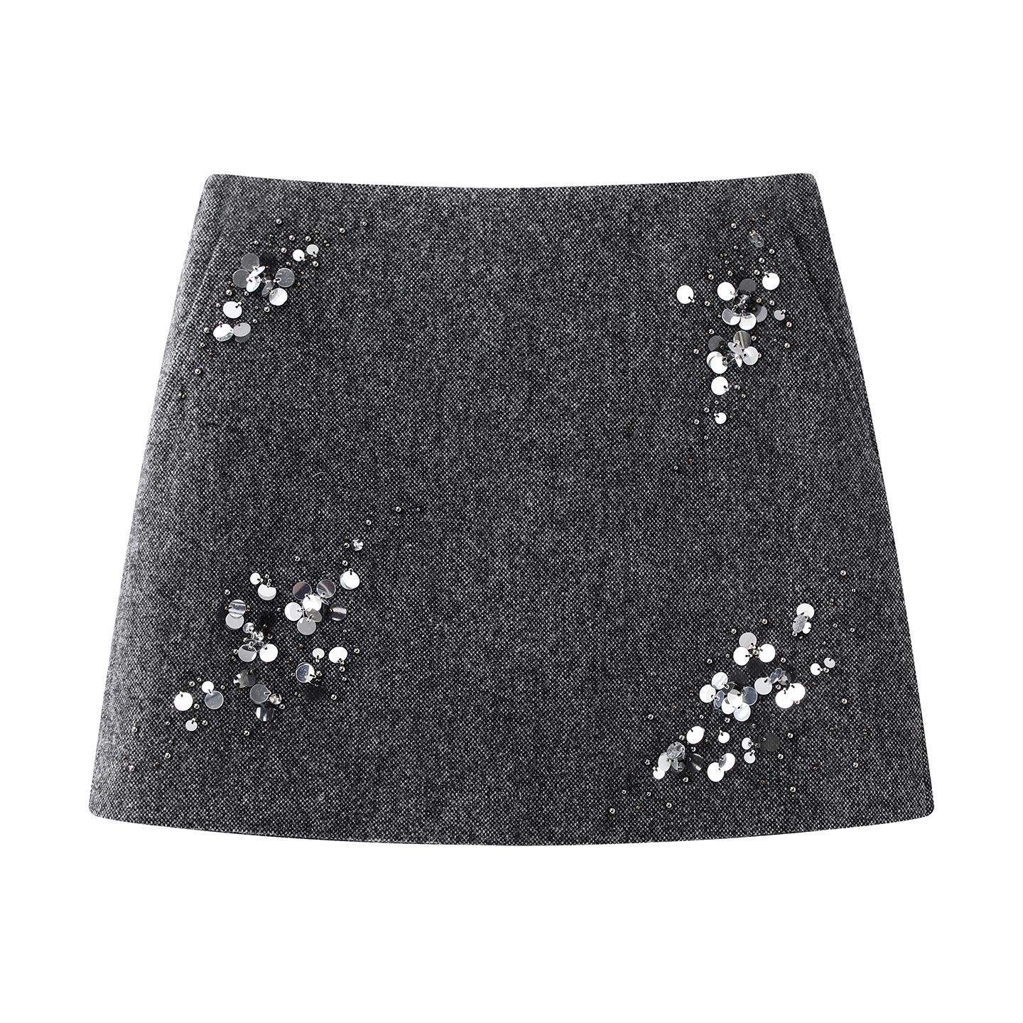

Winter 2025 Women s 3D Beaded Sequined Wool A-line Skirt Small сірий колір