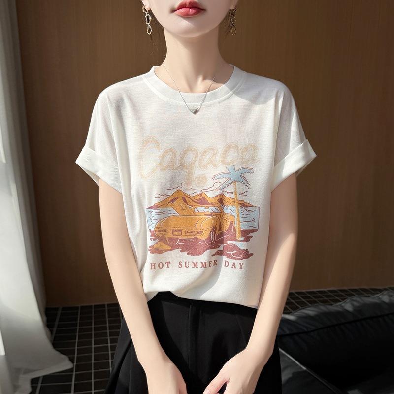 

Spring and Summer New Style Round-neck Knitted Shirt Short-Sleeved Women s Elegant Print Loose-Fitting Base Layer T-Shirt XL слонова кістка