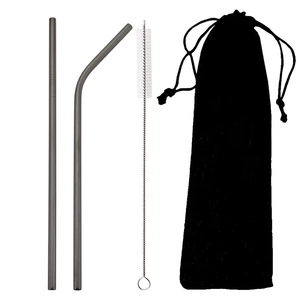 Black Reusable Metal Drinking Straws Stainless Steel Sturdy Bent Straight Drinking Straw with Cleaning Brush Bar Party Accessory