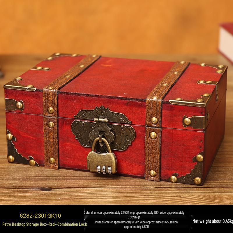Retro Wooden Rectangular Storage Box Set with Lock - Creative Organizer & Decorative Props