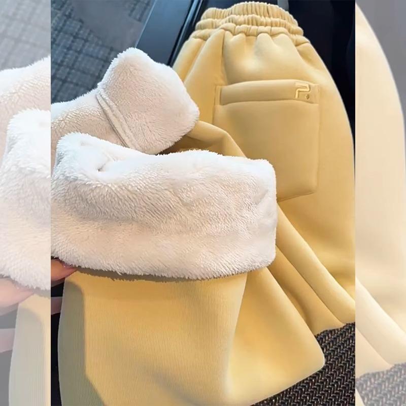 Супер товсті однотонні теплі спортивні штани з вовни ягняти Жіночі осінні та зимові флісові потовщені бавовняні штани на північно-східному зав’язуванні повсякденні спортивні широкі штани