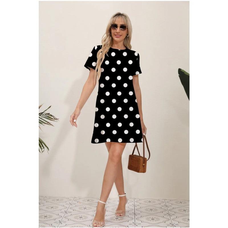 3D Printed Women s Loose O-Neck Pullover Polka Dot Print Dress Flower Print Comfortable Casual Short Sleeved Dress S