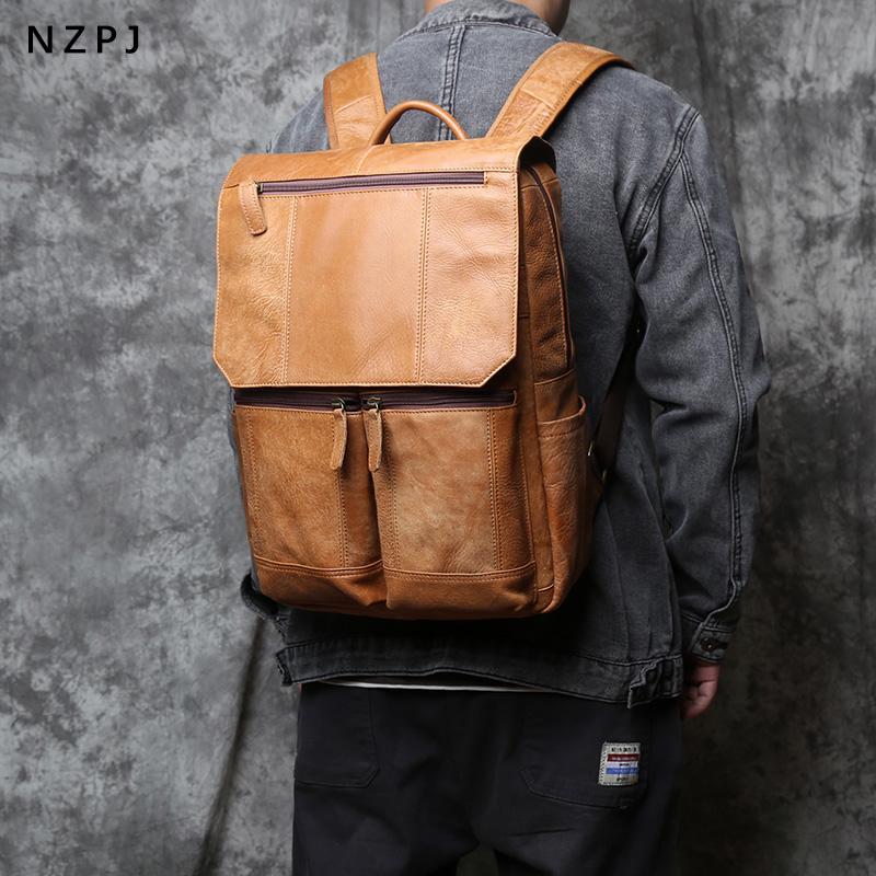 NZPJ Vintage Genuine Leather Men's Backpack Top Layer Cowhide Casual Backpack 16 "Laptop Bag Large Capacity Outdoor Travel Bag