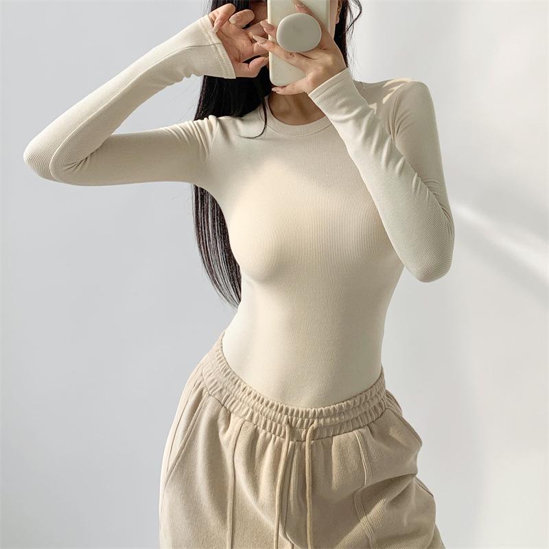 Würziges Mädchen Enganliegender Langarm-Bodysuit mit Rundhalsausschnitt: Damen Plüsch, Eng, Sexy, Basic Unterhemd
