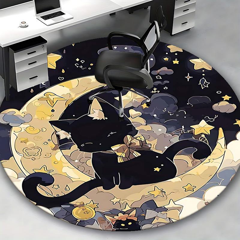1pc Anime Design Black Cat Moon Starry Sky Round Carpet Office Chair Mat, Non Slip Rug for Home Decor, Living Room, Bedroom, Game Room, Festival Gift