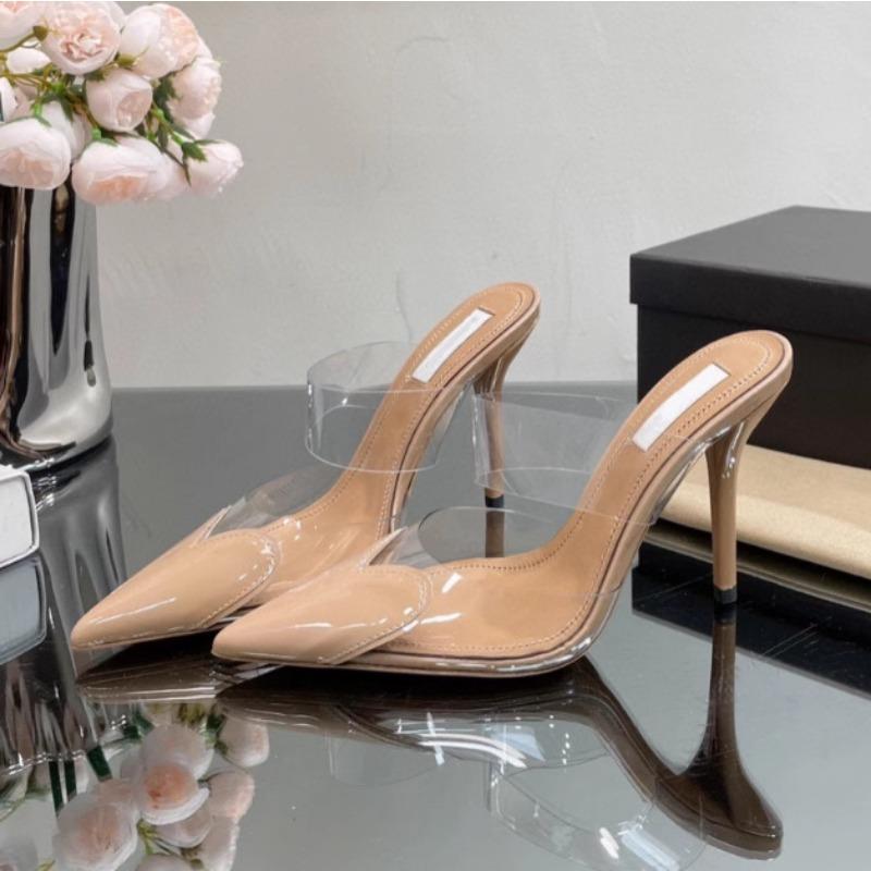 High heels transparent love surface spring and summer new color matching thin heels women's shoes light mouth bag head half drag pointed women's shoes