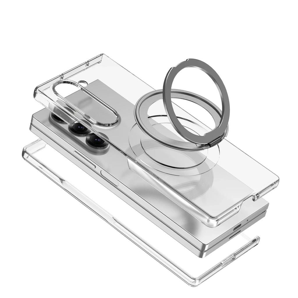 Transparent 360° Rotating Magnetic Holder Phone Case for Samsung Galaxy Z Fold 7 6 5 4 3 Wireless Charging Hard Shockproof Cover