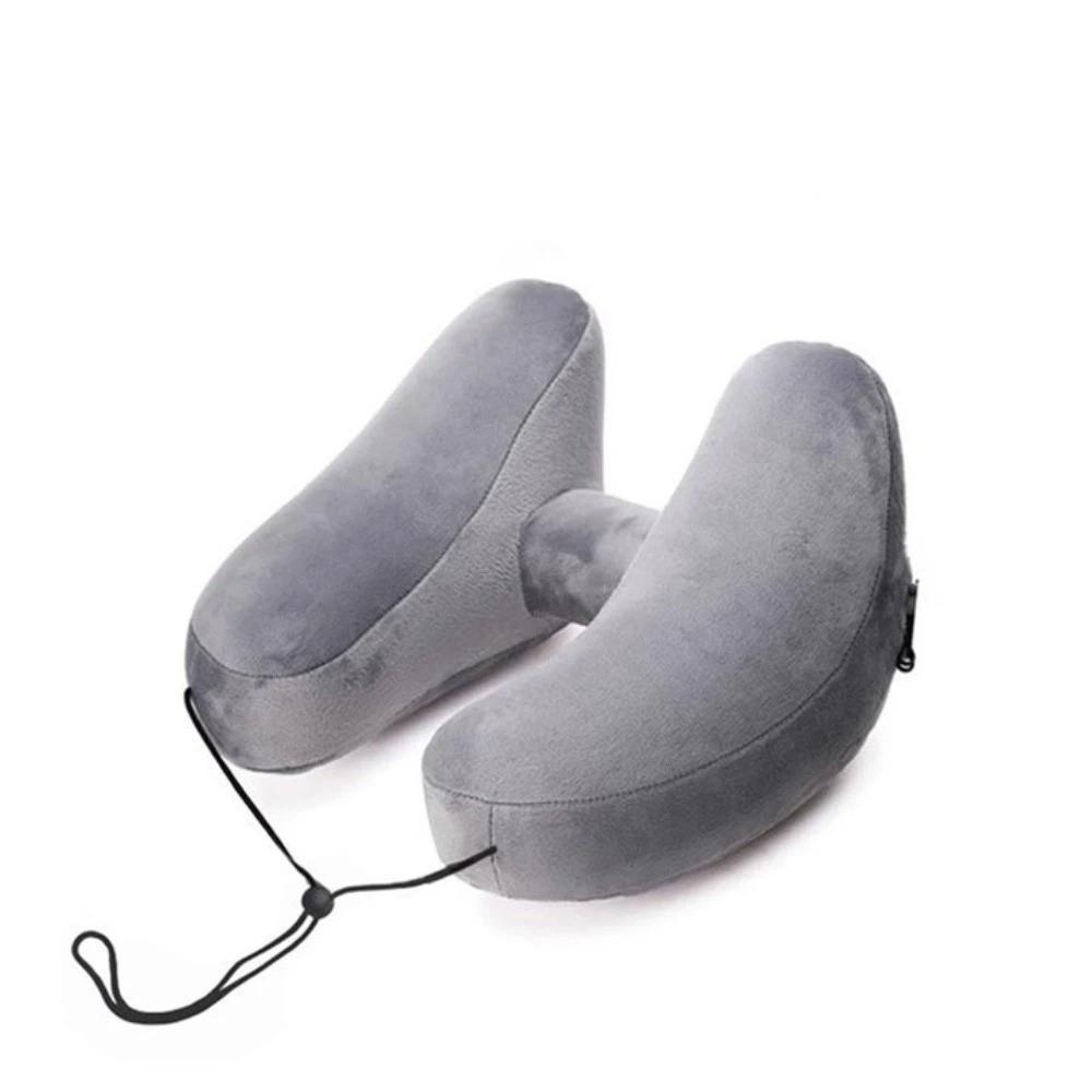Breathable Design Inflatable Neck Pillow With Storage Pouch H-Shaped Pillow Travel Neck Pillow  Car серый