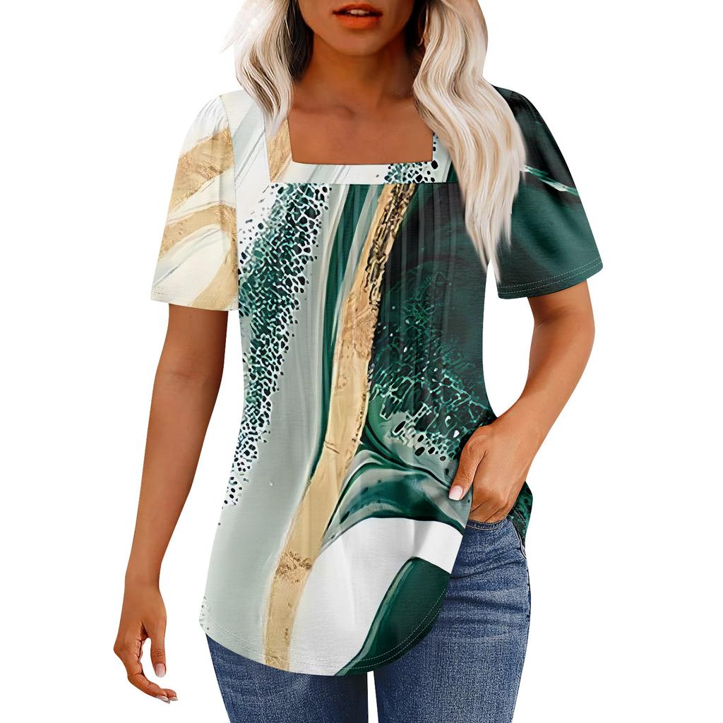 Tricouri pentru femei, plisate, cu guler pătrat, elegante, casual, bluze, imprimare, mânecă scurtă, vară, topuri, croială lejeră