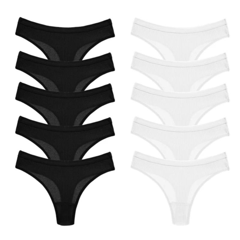 10PC/Set Women Cotton Panties Solid Color Briefs Ladies Breathable Thong Comfortable Striped Underwear