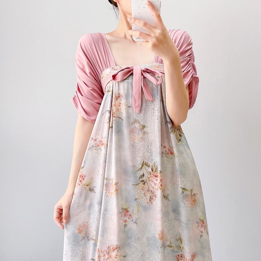 Women's nightgown thin short-sleeved printing light luxury simple breathable casual loungewear long skirt can be worn outside