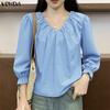 Women Pleating V Neck 3/4 Sleeve Solid Color Casual Blouse