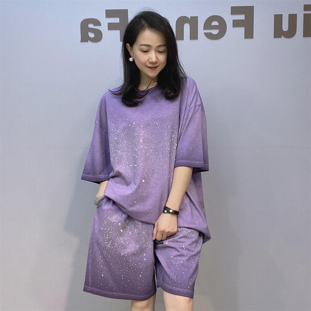 Übergröße Gewicht 100KG Kann Tragen Kurzärmelige Shorts Farbverlauf Lässiger Anzug Damen Sommer Strass Locker Kurzarm T-Shirt Zweiteiliger Anzug