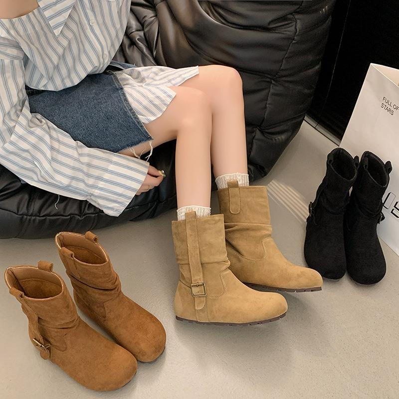Retro design round head sleeve thin short boots women's autumn new niche versatile flat-bottomed fashion boots
