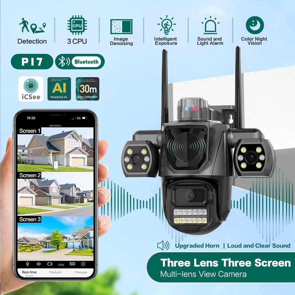 Icsee 9MP Wireless Three-Lens Camera with Triple Screen for Outdoor Monitoring