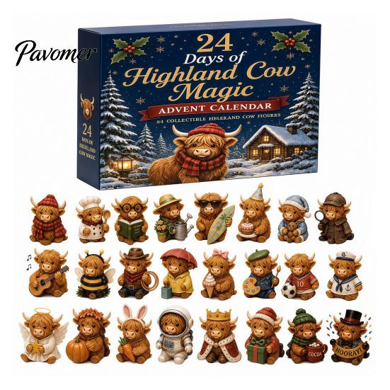 Highland Cow Advent Calendar Calendar, 24 Unique Acrylic Ornaments, Decorative Cute Animal Hanging Charms 2D Flat for Christmas Tree Decoration