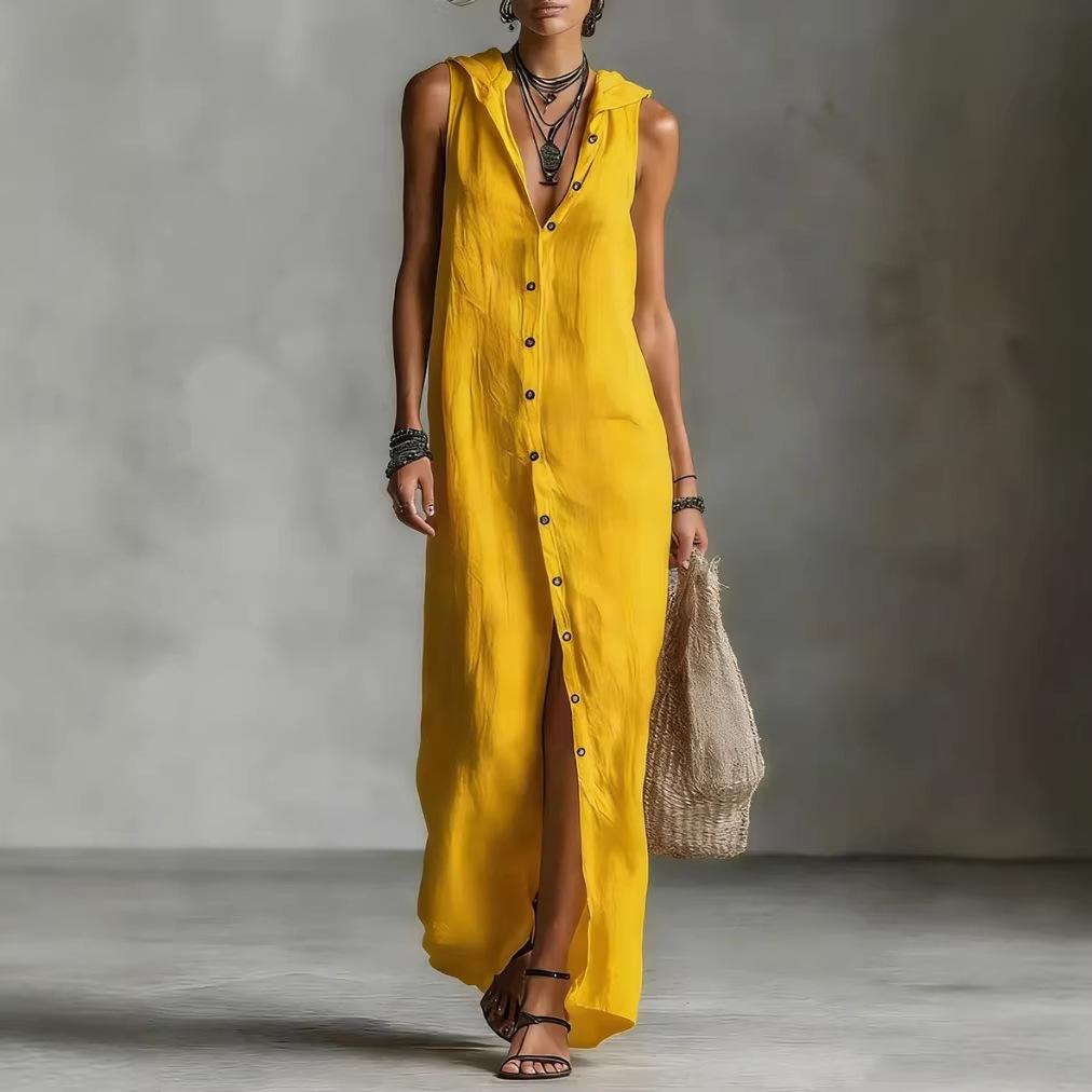 

Women s Summer Cotton Linen Maxi Dress Hooded Collar Sleeveless Button Down Loose Casual Fashion Shirt Dress for Daily Vacation Wear S жёлтый