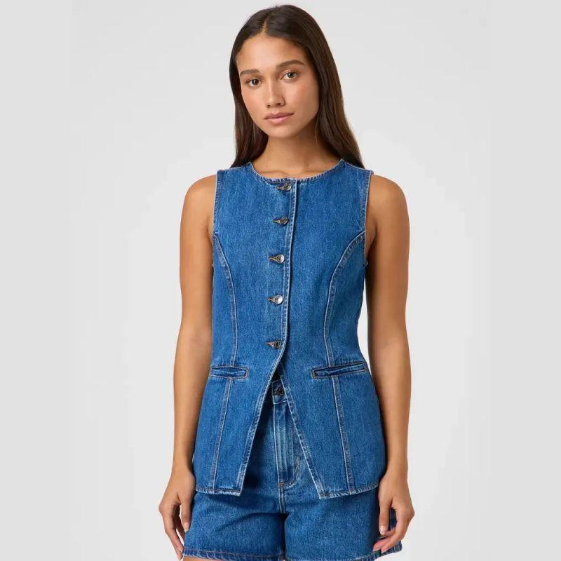 

European and American Fashion Sleeve Waist Hugging High Waist Loose Demin shorts Set Tank Top and Shorts Set Light Blue XXL