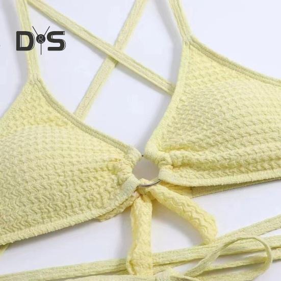 3-teiliges Badeanzug-Set für Damen, einfarbig, Wellenstruktur, sexy, geteilter Bikini mit Kordelzug, Rüschenbesatz, Rock, Schnürung, Strandmode