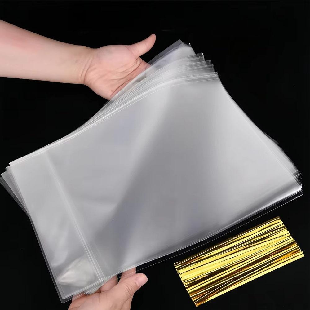 50pcs Bags Gifts Packaging Pouches Plastic With Wire Ties Clear Cellophane Gift Bag OPP Flat Bottom Gusset