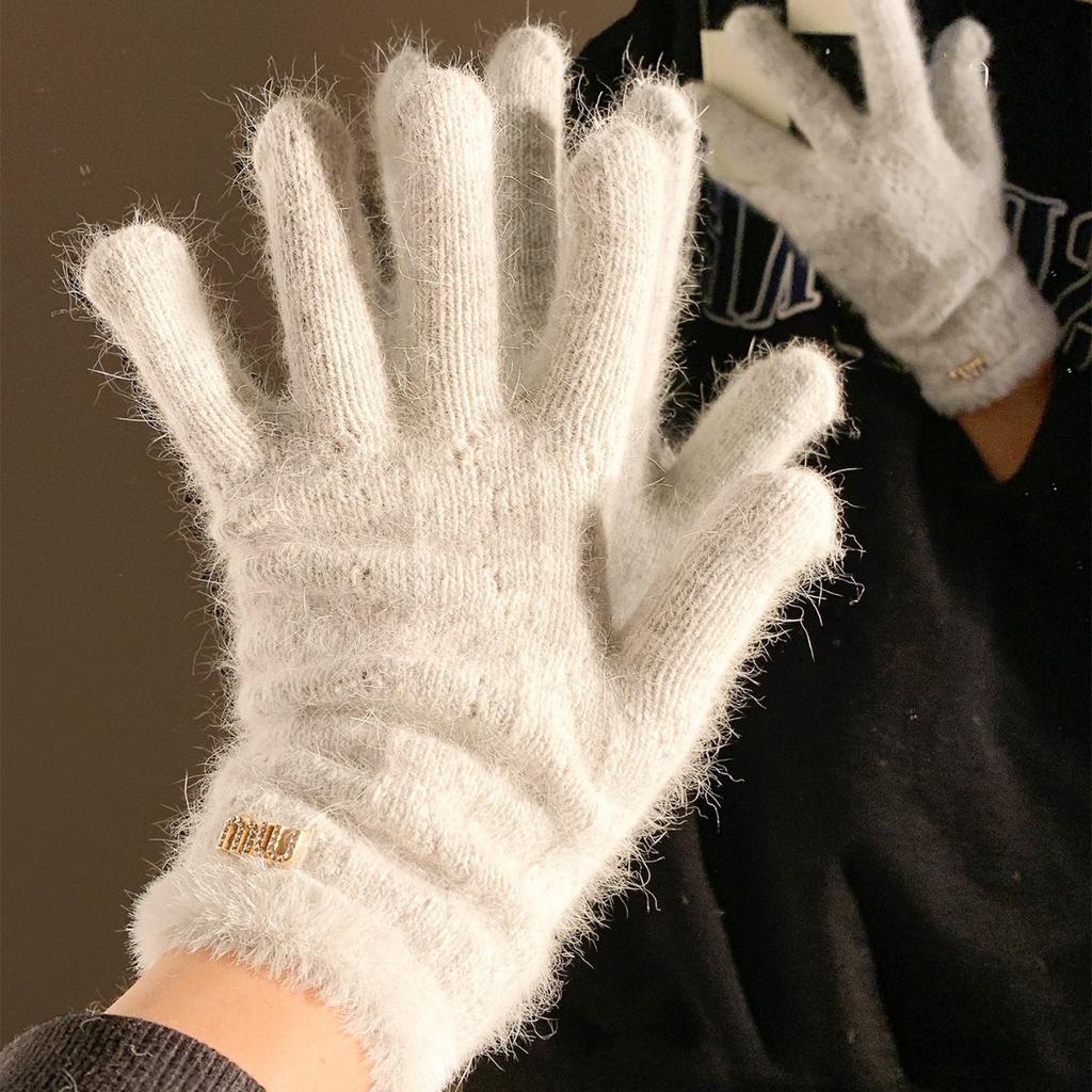 Soft Waxy Rabbit Fur Gray Knitted Wool Five Finger Thickened Warm Gloves for Women's Winter Cycling Cold and Windproof Furry