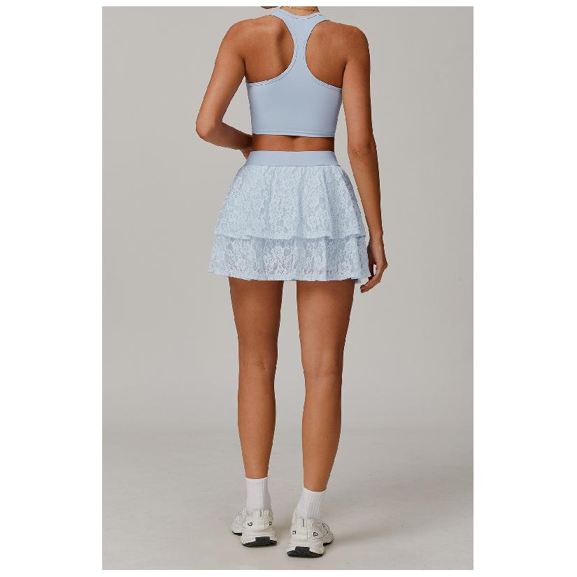 Spitze Nude Yoga Kurzer Rock, Mesh Atmungsaktiver Sport Kurzer Rock, Lauf Anti-Glare Tennisrock für Damen