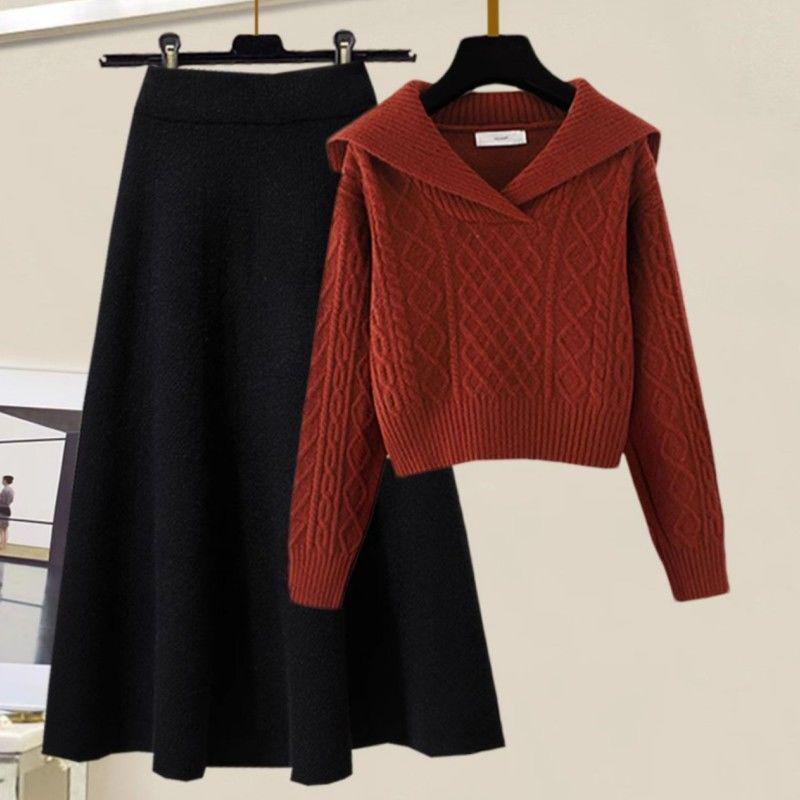 Petite Two-Piece Set: Peter Pan Collar Cable Knit Sweater + High-Waisted A-Line Knit Midi Skirt, Autumn/Winter Style.