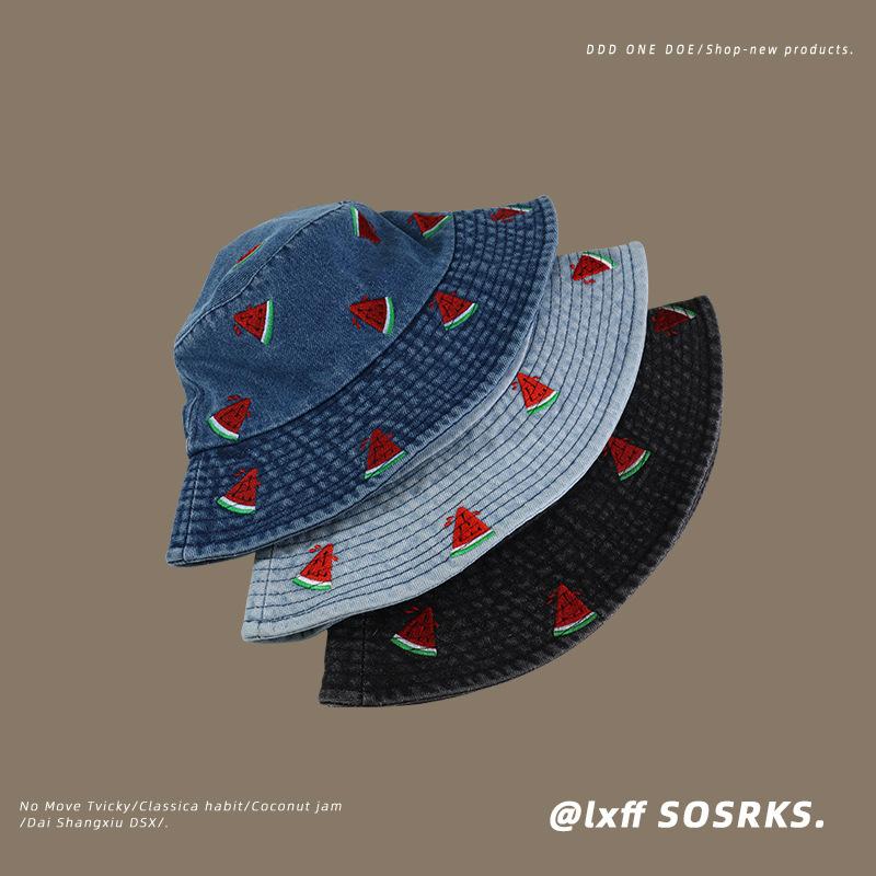 Hat women's new arrivalembroider denim bucket hat wide brim sunshade easiest for match outdoor trendy wind basin hat