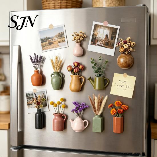 Creative Kitchen Organization Tools Mini Ceramic Vase Fridge Magnets, Cute Tiny Flower Magnets for Refrigerator Accessories Artificial Flowers,