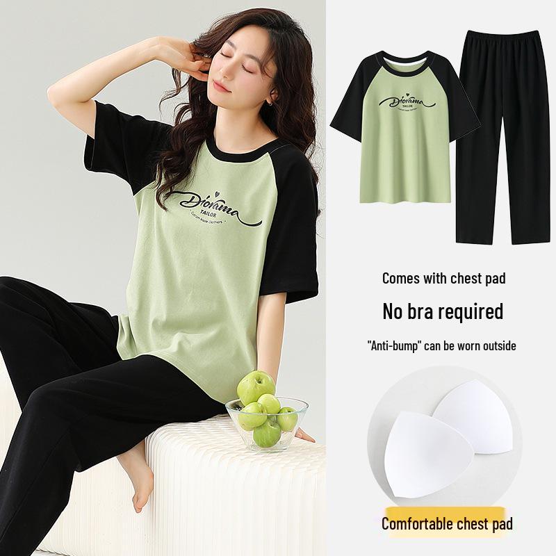 Damski kreskówkowy komplet piżamy z krótkim rękawem i wkładkami na biust - Letni bawełniany długi komplet domowy 2025